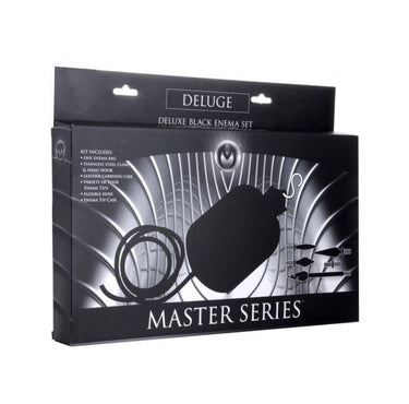 Stylish packaging of the Master Series Deluge Deluxe Black Enema Set showcasing its deluxe features and components for an optimal experience.